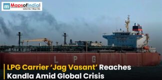 LPG Carrier ‘Jag Vasant’ Reaches Kandla Amid Global Crisis LPG carrier ship ‘Jag Vasant’ sailing at sea with headline about its arrival at Kandla amid a global crisis.