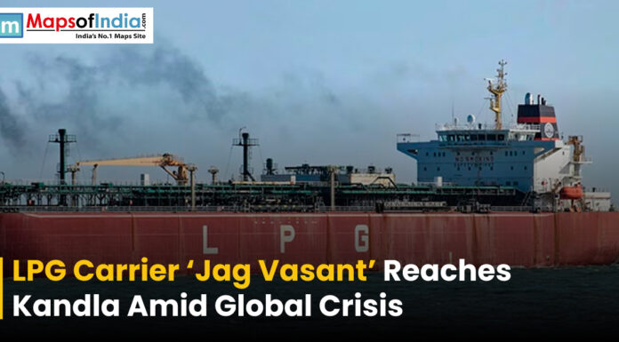 LPG Carrier ‘Jag Vasant’ Reaches Kandla Amid Global Crisis LPG carrier ship ‘Jag Vasant’ sailing at sea with headline about its arrival at Kandla amid a global crisis.