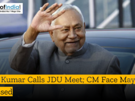 Nitish Kumar, Bihar Chief Minister and JDU leader, smiling and waving to a crowd from a vehicle. The image includes a news headline stating, "Nitish Kumar Calls JDU Meet; CM Face May Be Discussed," with the Maps of India logo in the top left corner.