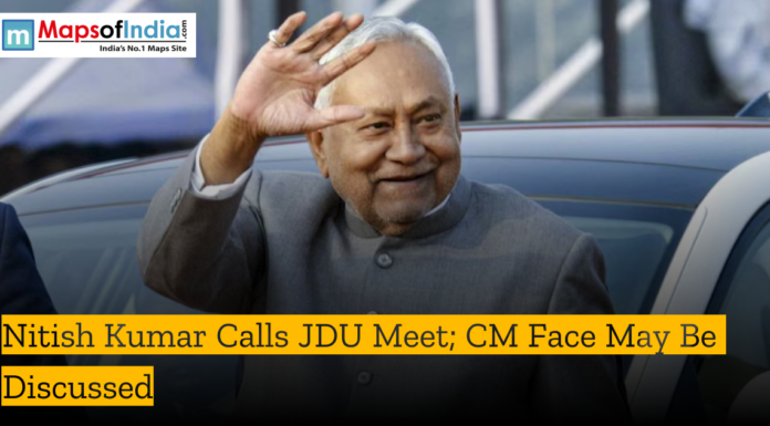 Nitish Kumar Calls JDU Meet; CM Face May Be Discussed Nitish Kumar, Bihar Chief Minister and JDU leader, smiling and waving to a crowd from a vehicle. The image includes a news headline stating, "Nitish Kumar Calls JDU Meet; CM Face May Be Discussed," with the Maps of India logo in the top left corner.