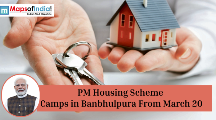 PM Housing Scheme Camps in Banbhulpura From March 20 Hands holding house model and keys with banner about PM Housing Scheme camps in Banbhulpura from March 20