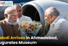 PM Modi Arrives in Ahmedabad, Inaugurates Museum Narendra Modi being welcomed with a bouquet upon arrival in Ahmedabad near an aircraft, marking his visit to inaugurate a museum.