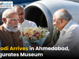 PM Modi Arrives in Ahmedabad, Inaugurates Museum Narendra Modi being welcomed with a bouquet upon arrival in Ahmedabad near an aircraft, marking his visit to inaugurate a museum.