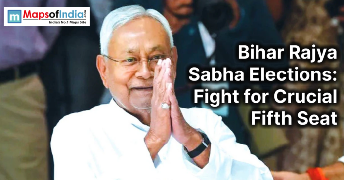 RAJYA SABHA Nitish Kumar greeting with folded hands with headline about Bihar Rajya Sabha elections and fight for the fifth seat.
