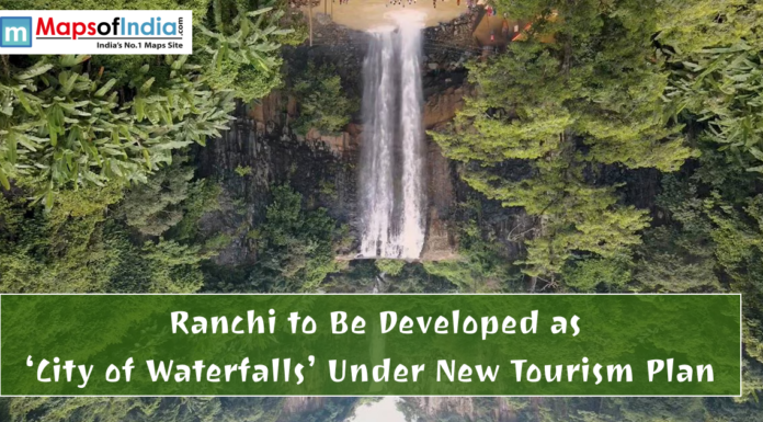 Ranchi to Be Developed as ‘City of Waterfalls’ Under New Tourism Plan Scenic waterfall surrounded by lush greenery in Ranchi with text highlighting its development as the ‘City of Waterfalls’ under a new tourism plan.