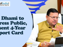 Uttarakhand CM Pushkar Singh Dhami speaking during a meeting, highlighting his 4-year report card announcement.
