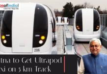 Patna to Get Ultrapod Taxi on 5 km Track Ultrapod taxi pods on an elevated track with a headline about a planned 5 km pod taxi project in Patna.