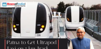 Patna to Get Ultrapod Taxi on 5 km Track Ultrapod taxi pods on an elevated track with a headline about a planned 5 km pod taxi project in Patna.