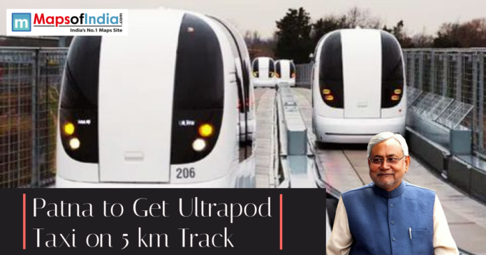 Ultrapod taxi pods on an elevated track with a headline about a planned 5 km pod taxi project in Patna.