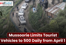 Mussoorie Limits Tourist Vehicles to 500 Daily from April 1 Traffic congestion on a narrow hill road in Mussoorie with headline about limiting tourist vehicles to 500 per day from April 1.