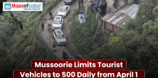 Mussoorie Limits Tourist Vehicles to 500 Daily from April 1 Traffic congestion on a narrow hill road in Mussoorie with headline about limiting tourist vehicles to 500 per day from April 1.