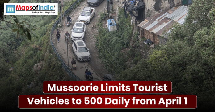 Traffic congestion on a narrow hill road in Mussoorie with headline about limiting tourist vehicles to 500 per day from April 1.