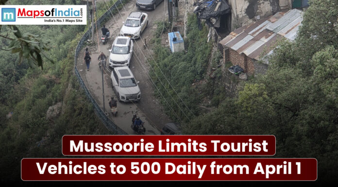 Mussoorie Limits Tourist Vehicles to 500 Daily from April 1 Traffic congestion on a narrow hill road in Mussoorie with headline about limiting tourist vehicles to 500 per day from April 1.