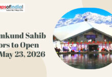 Hemkund Sahib Doors to Open on May 23, 2026 Hemkund Sahib Gurudwara beside a serene lake with snow-covered mountains, announcement of doors opening on May 23, 2026.