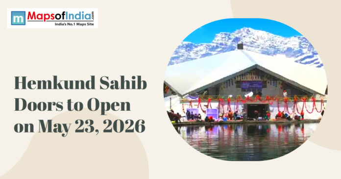 Hemkund Sahib Gurudwara beside a serene lake with snow-covered mountains, announcement of doors opening on May 23, 2026.