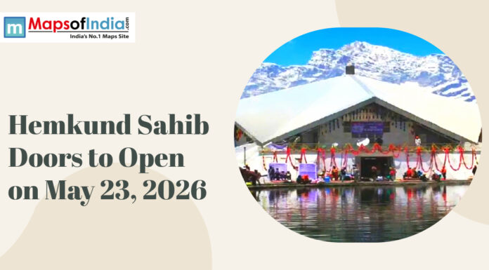 Hemkund Sahib Doors to Open on May 23, 2026 Hemkund Sahib Gurudwara beside a serene lake with snow-covered mountains, announcement of doors opening on May 23, 2026.