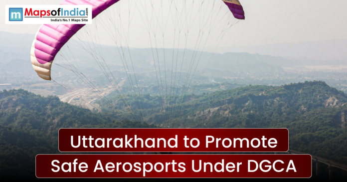Uttarakhand (7) A wide scenic shot of a person paragliding over a lush green mountainous valley under a clear sky. A text banner reads