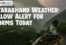 Uttarakhand Weather: Yellow Alert for Storms Today Stormy landscape with lightning over the hills of Uttarakhand and a rural road scene, highlighting a yellow weather alert for storms.