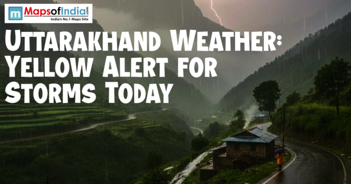 Uttarakhand weather Stormy landscape with lightning over the hills of Uttarakhand and a rural road scene, highlighting a yellow weather alert for storms.