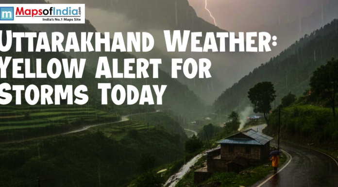Uttarakhand Weather: Yellow Alert for Storms Today Stormy landscape with lightning over the hills of Uttarakhand and a rural road scene, highlighting a yellow weather alert for storms.