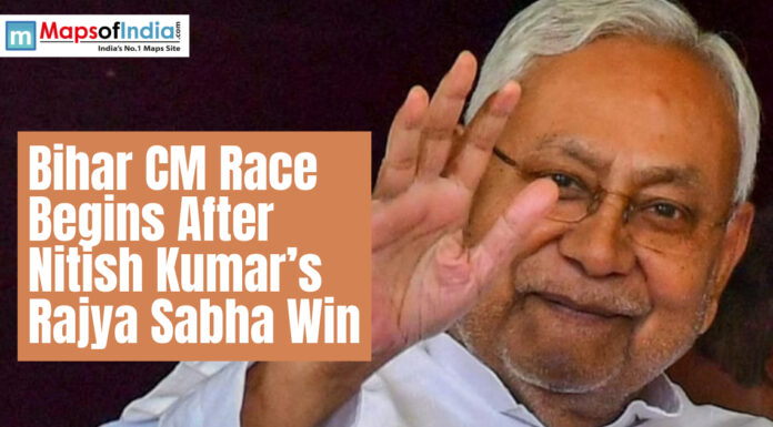 Bihar CM Race Begins After Nitish Kumar’s Rajya Sabha Win Nitish Kumar waving; text reads "Bihar CM Race Begins After Nitish Kumar’s Rajya Sabha Win."