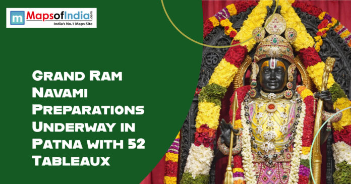 Decorated idol of Lord Ram with announcement of grand Ram Navami preparations in Patna featuring 52 tableaux.