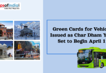 Green Cards for Vehicles Issued as Char Dham Yatra Set to Begin April 19 Char Dham Yatra temples collage with headline about green cards for vehicles and a green bus illustration.