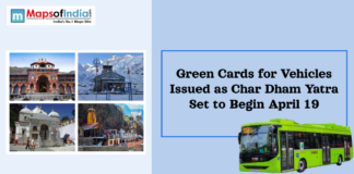 Green Cards for Vehicles Issued as Char Dham Yatra Set to Begin April 19 Char Dham Yatra temples collage with headline about green cards for vehicles and a green bus illustration.