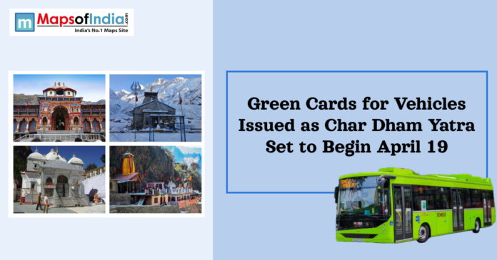 Char Dham Yatra temples collage with headline about green cards for vehicles and a green bus illustration.