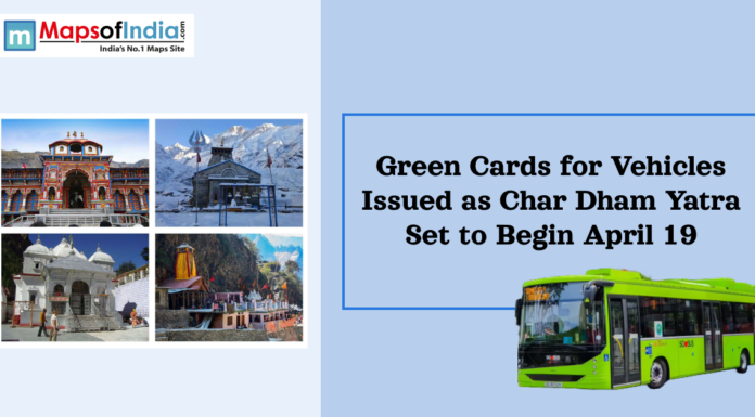 Green Cards for Vehicles Issued as Char Dham Yatra Set to Begin April 19 Char Dham Yatra temples collage with headline about green cards for vehicles and a green bus illustration.