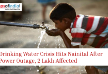 Drinking Water Crisis Hits Nainital After Power Outage, 2 Lakh Affected Boy drinking water from a public tap with text about Nainital water crisis affecting 2 lakh people after a power outage.