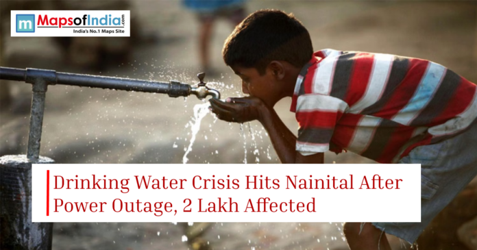 Boy drinking water from a public tap with text about Nainital water crisis affecting 2 lakh people after a power outage.