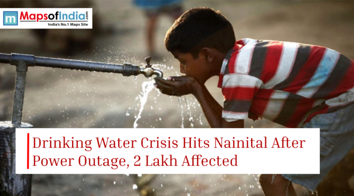 Drinking Water Crisis Hits Nainital After Power Outage, 2 Lakh Affected Boy drinking water from a public tap with text about Nainital water crisis affecting 2 lakh people after a power outage.
