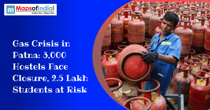 Worker handling LPG cylinders amid a gas shortage crisis in Patna affecting thousands of hostels and students