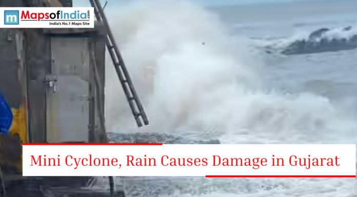 Mini Cyclone, Rain Causes Damage in Gujarat Large sea waves crashing near a coastal structure with text about mini cyclone and rain damage in Gujarat.