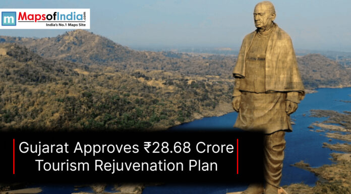 Gujarat Approves ₹28.68 Crore Tourism Rejuvenation Plan Statue of Unity in Gujarat overlooking the Narmada River and surrounding hills, highlighting the ₹28.68 crore tourism rejuvenation plan approved by the state