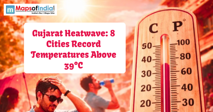 Thermometer showing extreme heat as Gujarat records temperatures above 39°C in eight cities during a heatwave.
