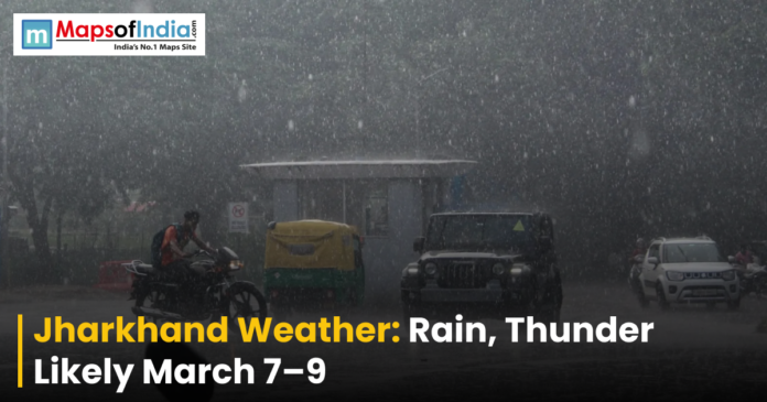 A weather news graphic showing vehicles, including a motorcycle, an auto-rickshaw, and cars, navigating a road during a heavy downpour. Text at the bottom reads, 