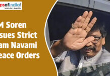 CM Soren Issues Strict Ram Navami Peace Orders Jharkhand CM Hemant Soren waves from a car as a graphic highlights strict peace orders for Ram Navami.