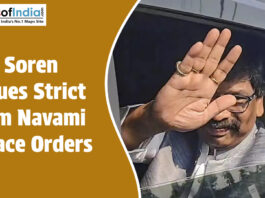 Jharkhand CM Hemant Soren waves from a car as a graphic highlights strict peace orders for Ram Navami.