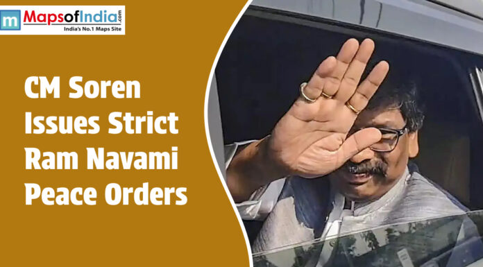 CM Soren Issues Strict Ram Navami Peace Orders Jharkhand CM Hemant Soren waves from a car as a graphic highlights strict peace orders for Ram Navami.