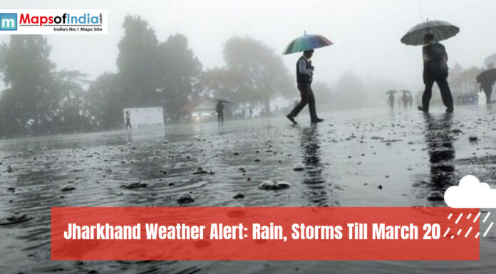 Jharkhand Weather Alert: Rain, Storms Till March 20 People walking in rain with umbrellas; text reads "Jharkhand Weather Alert: Rain, Storms Till March 20."