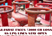 Gujarat Faces ₹2000 Cr Loss as LPG Lines Stay Open Close-up of LPG cylinders with headline about Gujarat facing ₹2000 crore loss due to open LPG lines.