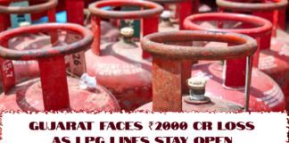 Gujarat Faces ₹2000 Cr Loss as LPG Lines Stay Open Close-up of LPG cylinders with headline about Gujarat facing ₹2000 crore loss due to open LPG lines.