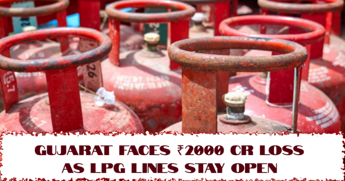Close-up of LPG cylinders with headline about Gujarat facing ₹2000 crore loss due to open LPG lines.