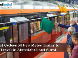 Indian Prime Minister flagging off a metro train as part of Gujarat’s plan to add 34 new metro trains to improve travel in Ahmedabad and Surat.