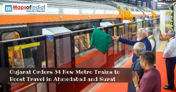 Indian Prime Minister flagging off a metro train as part of Gujarat’s plan to add 34 new metro trains to improve travel in Ahmedabad and Surat.