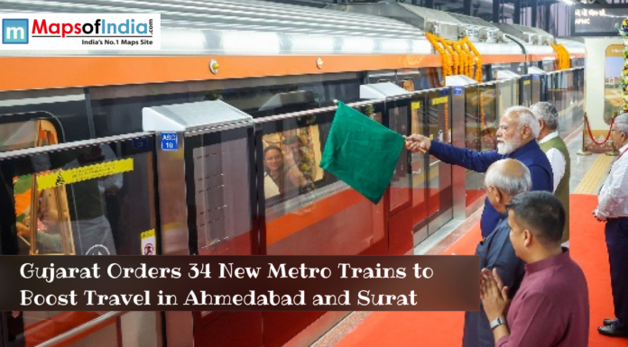 Gujarat Orders 34 New Metro Trains to Boost Travel in Ahmedabad and Surat Indian Prime Minister flagging off a metro train as part of Gujarat’s plan to add 34 new metro trains to improve travel in Ahmedabad and Surat.