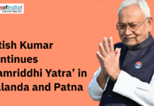 Nitish Kumar Continues ‘Samriddhi Yatra’ in Nalanda and Patna Poster featuring Nitish Kumar with folded hands and text about his ‘Samriddhi Yatra’ in Nalanda and Patna