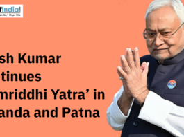 Poster featuring Nitish Kumar with folded hands and text about his ‘Samriddhi Yatra’ in Nalanda and Patna